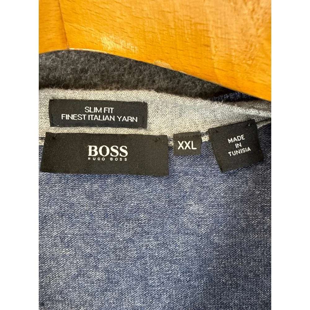 BOSS Hugo B V-Neck Sweater Mens XXL Elbow Blue Slim Fit Italian Yarn Runs Small